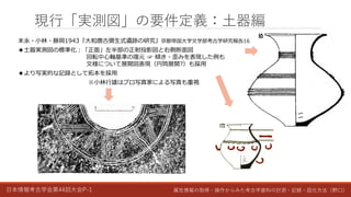 日本情報考古学会第44回大会P-1 属性情報の取得・操作からみた考古学資料の計測・記録・図化方法（野口）
現行「実測図」の要件定義：土器編
末永・小林・藤岡1943『大和唐古彌生式遺跡の研究』京都帝国大学文学部考古学研究報告16
★土器実測図の標準化：「正面」左半部の正射投影図と右側断面図
回転中心軸基準の復元 ☞ 傾き・歪みを表現した例も
文様について展開図表現（円筒展開?）も採用
★より写実的な記録として拓本を採用
※小林行雄はプロ写真家による写真も重視
 