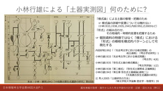 日本情報考古学会第44回大会P-1 属性情報の取得・操作からみた考古学資料の計測・記録・図化方法（野口）
小林行雄による「土器実測図」何のために?
「様式論」による土器の整理・把握のため
☞ 様式論の詳細や変遷については触れない
（小林1933,1938,1935,1943,内田1992,辻2005など）
「形式」の組み合わせ、
その地域的・時間的変遷を把握するため
☞ 個別資料の特徴ではなく「様式」における
「形式」の様相を模式的パターンとして可
視化する
内田好昭1992「「先史考古学に於ける様式間題」の
成立過程」『考古学史研究』1
小林行雄1933「先史考古学に於ける様式問題」
『考古学』4(8)
小林行雄1935「弥生式土器の様式構造」
『考古学評論』1(2)
小林行雄1938「第二様式」『弥生式土器聚成 正編解説』
小林行雄1943「第五章 弥生式土器細論(過物二)」
『大和唐古弥生式遺跡の研究』
辻 秀人2005「土器研究の方法」
『東北学院大学論集 歴史学・地理学』39
末永・小林・藤岡1943『大和唐古彌生式遺跡の研究』第66図
 