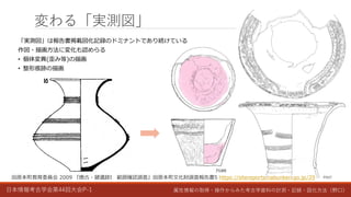 日本情報考古学会第44回大会P-1 属性情報の取得・操作からみた考古学資料の計測・記録・図化方法（野口）
変わる「実測図」
田原本町教育委員会 2009 『唐古・鍵遺跡I 範囲確認調査』田原本町文化財調査報告書5 https://sitereports.nabunken.go.jp/29
「実測図」は報告書掲載図化記録のドミナントであり続けている
作図・描画方法に変化も認めらる
• 個体変異(歪み等)の描画
• 整形痕跡の描画
 