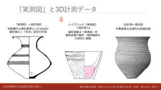 日本情報考古学会第44回大会P-1 属性情報の取得・操作からみた考古学資料の計測・記録・図化方法（野口）
「実測図」と3D計測データ
「実測図」＝設計図的
回転軸中心線を基準としたidealな
器形復元＝「形式」認定の手段
ハイブリッド「実測図」
＝設計図+α
器形描画は「実測図」的
個体変異や製作・使用痕跡も
付加的に描画
3D計測＝現況図
対象表面の全面的な詳細記録
 