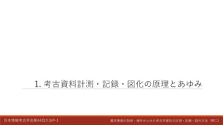日本情報考古学会第44回大会P-1 属性情報の取得・操作からみた考古学資料の計測・記録・図化方法（野口）
1. 考古資料計測・記録・図化の原理とあゆみ
 