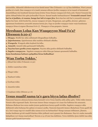 yesuusiidha. Akkamitti obboleewwan ta’un danda’amaa? Mee (Yohannis 1:12-13) haa dubbifanu. Warri yesuus
gooftaa ta’u isatti, ilma waaqayyo ta’u isaatti amanan abboon ijoollee waaqayyo ta’un isaanii ni keenamaaf.
Amantiidhaan isin hundumti keessan karaa kristos Yesus ilmaan waaqayyooti (Gal.3:26). Namni Yesuusin hin
qabne Abbaa(Father) hin qabu jechuudha? Eeyyee. Kanaaf maaltu barbaachisaree? Yesuusitti amani! Inni
har’as si jaallata, si waama, hanga har’atti si eegee jira. Boru kan kee miti har’a yesuusitti amanuuf
laphee kee bani. Achii booda fira, mucaa waaqayyo ni taata. Boqqonaan, aara galfiin, jireenyi, qabeenyi,
ogummaan hundumtuu yesuusitti amanuu keessa jira. Erga nu ijoollee waaqayyo tanee waan hundumaa
waaqayyo biraa ni argana (Roomaa 8:16-17). Waaqayyo si haa gargaaru. Ameen.
Meeshaan Lolaa Kan Waaqayyoo Maal Fa’a?
Efeesson 6:10-17
1. Dhugaa. Mudhii kee akka sabbataatti dhugaadhaan hidhadhu.
2. Qajeelummaa. Qajeelummaa akka maddaa sibiilaatti uffadhu.
3. Wangeela. Wangeela akka kopheeti ka’adhu.
4. Amantii. Amantii akka gachanaatti fudhadhu.
5. Fayyina kara goofta yesus arganne. Fayyina akka gonfoo sibiilaatti fudhadhu.
6. Sagalee waaqayyoo. Sagaleen waaqayyoo akka bilaa gar lamaan qarameetti fudhadhu.
Kana hundumaa hafuura qulqulluu biraa fudhadhaa!
‘Wan Torba Tokko.’
1. Abbaaf ilmi tokko (Yohannis 10:30)
2. Abdiin waamichaa tokko
3. Dhagni tokko
4. Haafuurri tokko
5. Gooftaan tokko
6. Amantiin tokko
7. Cuuphaan tokko (Efesson 4:1-6)
Yesus maalif nama ta’e gara biyya lafaa dhufee?
Namoonni baayeen adunyaa keenya kana keessatti wa’ee Yesus ilaalcha adda addaa qabu. Tokko tokko immoo
Yesusin akka ergamaati ilaalu. Kuwwaan immoo ilmaa waaqayyo ta’u isaas hin fudhatan hin amananis.
Hubanaa dhabuun kun eessa madee jennee gaafachuun keenya gaafii sirridha. Sagaleen waaqayyo akka
dubbatutti sabni hubanaa hin qabnee ni manca’a jedha. Namoota baayeetti immoo dhalachuun Yesus gaafii itti
ta’a. Inni waaqa erga ta’e maaliif akka namaa ta’un isa barbaachise? Hanga namaan tuffatamee, jibamee,
boodas fanifamee ga’utti maaliif lolachuu didee jedhanii warri qosanis hin dhabaman. Haa ta’u malee macaafni
Qulqulluun wa’e kanaa maal jedhaa? Ibroota 2:14-18 mee haa dubbisnu. Yeroo dubbifnu ijoon dubbii isaa akka
armaan gadii kanatti kawwama:
 