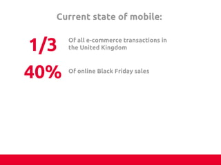 Current state of mobile:	
	
1/3	
 Of all e-commerce transactions in
the United Kingdom	
40%	
Of online Black Friday sales	
 