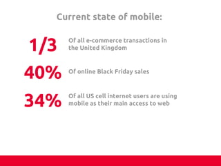 Current state of mobile:	
	
1/3	
 Of all e-commerce transactions in
the United Kingdom	
40%	
Of online Black Friday sales	
34%	
Of all US cell internet users are using
mobile as their main access to web	
 