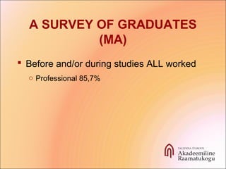 A SURVEY OF GRADUATES
(MA)
 Before and/or during studies ALL worked
o Professional 85,7%
 
