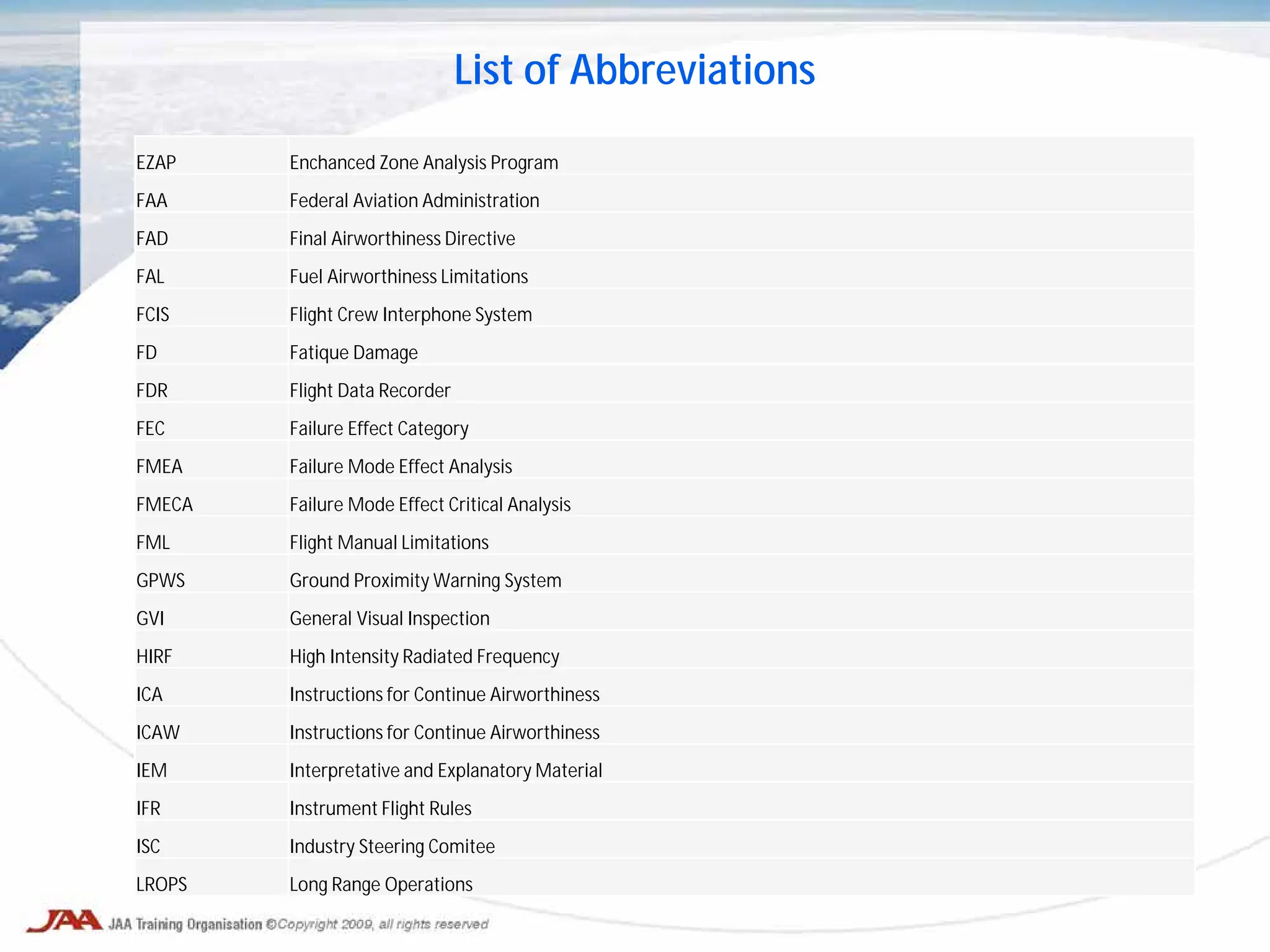 List of Abbreviations
EZAP Enchanced Zone Analysis Program
FAA Federal Aviation Administration
FAD Final Airworthiness Directive
FAL Fuel Airworthiness Limitations
FCIS Flight Crew Interphone System
FD Fatique Damage
FDR Flight Data Recorder
FEC Failure Effect Category
FMEA Failure Mode Effect Analysis
FMECA Failure Mode Effect Critical Analysis
FML Flight Manual Limitations
GPWS Ground Proximity Warning System
GVI General Visual Inspection
HIRF High Intensity Radiated Frequency
ICA Instructions for Continue Airworthiness
ICAW Instructions for Continue Airworthiness
IEM Interpretative and Explanatory Material
IFR Instrument Flight Rules
ISC Industry Steering Comitee
LROPS Long Range Operations
 