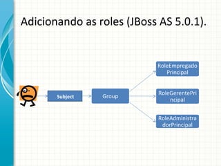 Adicionando as roles (JBoss AS 5.0.1).


                           RoleEmpregado
                              Principal


                            RoleGerentePri
       Subject   Group
                                ncipal


                            RoleAdministra
                             dorPrincipal
 