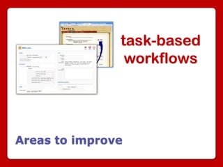 task-based
                workflows




Areas to improve
 