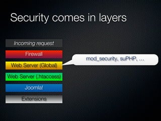 Security comes in layers

  Incoming request

       Firewall
                         mod_security, suPHP, …
 Web Server ...