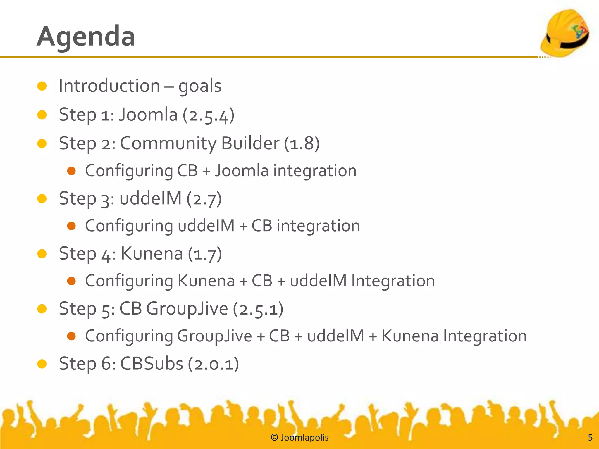 Agenda
   Introduction – goals
   Step 1: Joomla (2.5.4)
   Step 2: Community Builder (1.8)
       Configuring CB + Joomla integration
   Step 3: uddeIM (2.7)
       Configuring uddeIM + CB integration
   Step 4: Kunena (1.7)
       Configuring Kunena + CB + uddeIM Integration
   Step 5: CB GroupJive (2.5.1)
       Configuring GroupJive + CB + uddeIM + Kunena Integration
   Step 6: CBSubs (2.0.1)


                               © Joomlapolis                       5
 