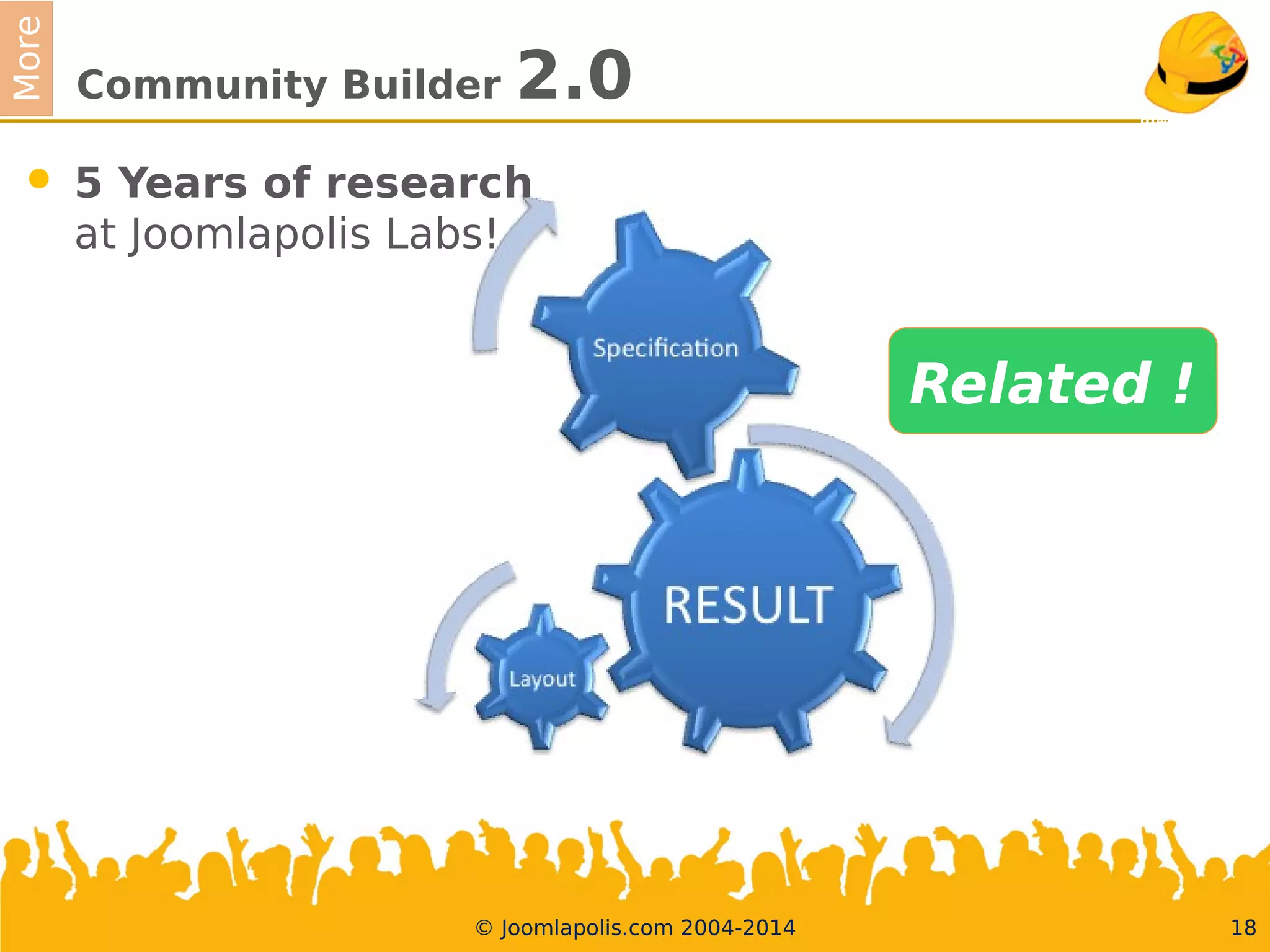 More
Community Builder 2.0
 5Years of research
at Joomlapolis Labs!
18© Joomlapolis.com 2004-2014
Related !
 