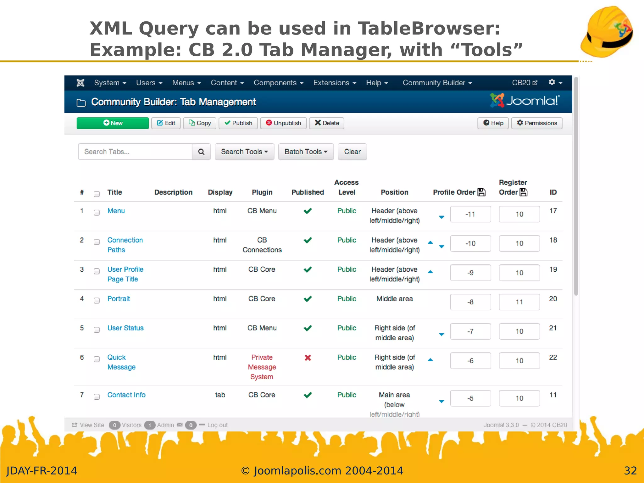 XML Query can be used inTableBrowser:
Example: CB 2.0 Tab Manager, with “Tools”
JDAY-FR-2014 © Joomlapolis.com 2004-2014 32
 