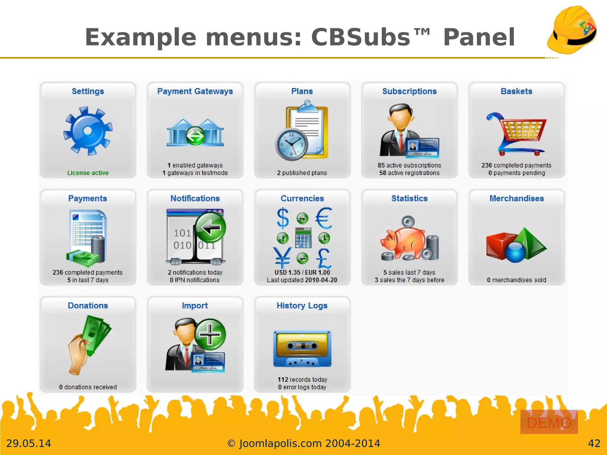 30.05.14 © Joomlapolis.com 2004-2014 42
Example menus: CBSubs™ Panel
42
DEMO
 