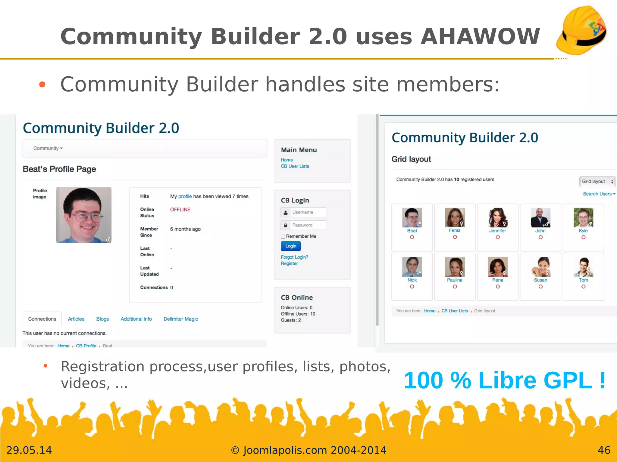 30.05.14 © Joomlapolis.com 2004-2014 46
Community Builder 2.0 uses AHAWOW
●
Community Builder handles site members:
100 % Libre GPL !
●
Registration process,user profles, lists, photos, videos, ...
 
