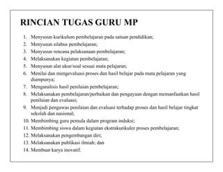 RINCIAN TUGAS GURU MP
1. Menyusun kurikulum pembelajaran pada satuan pendidikan;
2. Menyusun silabus pembelajaran;
3. Menyusun rencana pelaksanaan pembelajaran;
4. Melaksanakan kegiatan pembelajaran;
5. Menyusun alat ukur/soal sesuai mata pelajaran;
6. Menilai dan mengevaluasi proses dan hasil belajar pada mata pelajaran yang
diampunya;
7. Menganalisis hasil penilaian pembelajaran;7. Menganalisis hasil penilaian pembelajaran;
8. Melaksanakan pembelajaran/perbaikan dan pengayaan dengan memanfaatkan hasil
penilaian dan evaluasi;
9. Menjadi pengawas penilaian dan evaluasi terhadap proses dan hasil belajar tingkat
sekolah dan nasional;
10. Membimbing guru pemula dalam program induksi;
11. Membimbing siswa dalam kegiatan ekstrakurikuler proses pembelajaran;
12. Melaksanakan pengembangan diri;
13. Melaksanakan publikasi ilmiah; dan
14. Membuat karya inovatif.
 
