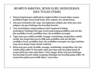 RUMPUN JABATAN, JENIS GURU, KEDUDUKAN,
DAN TUGAS UTAMA
1. Jabatan fungsional guru adalah jabatan tingkat keahlian termasuk dalam rumpun
pendidikan tingkat taman kanak-kanak, dasar, lanjutan, dan sekolah khusus.
2. Jenis guru berdasarkan sifat, tugas, dan kegiatannya meliputi: guru kelas; guru mata
pelajaran; dan guru bimbingan dan konseling/konselor.
3. Guru berkedudukan sebagai pelaksana teknis fungsional di bidang
pembelajaran/bimbingan dan tugas tertentu pada jenjang pendidikan anak usia dini
jalur pendidikan formal, pendidikan dasar, dan pendidikan menengah.
4. Tugas utama guru adalah mendidik, mengajar, membimbing, mengarahkan, melatih,4. Tugas utama guru adalah mendidik, mengajar, membimbing, mengarahkan, melatih,
menilai, dan mengevaluasi peserta didik pada pendidikan anak usia dini jalur
pendidikan formal, pendidikan dasar, dan pendidikan menengah serta tugas tambahan
yang relevan dengan fungsi sekolah/madrasah.
5. Beban kerja guru untuk mendidik, mengajar, membimbing, mengarahkan, dan/atau
melatih paling sedikit 24 (dua puluh empat) jam tatap muka dan paling banyak 40
(empat puluh) jam tatap muka dalam 1 (satu) minggu. Beban kerja guru bimbingan
dan konseling/konselor adalah mengampu bimbingan dan konseling paling sedikit 150
(seratus lima puluh) peserta didik dalam 1 (satu) tahun.
 