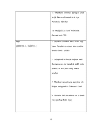 11) Membantu membuat persiapan untuk
Majlis Berbuka Puasa di Achi Jaya
Plantations Sdn Bhd
12) Mengfakskan surat RHB untuk
disemak oleh CEO
Ogos
(02/08/2014 – 30/08/2014)
1) Membuat semakan untuk invois bagi
bulan Ogos dan menyusun atur mengikut
nombor invois tersebut
2) Mengemaskini baucar bayaran tunai
dan menyusun atur mengikut tarikh serta
meletakkan kod pada setiap baucar
tersebut
3) Membuat senarai nama penerima cek
dengan menggunakan Microsoft Excel
4) Merekod data dan amaun cek di dalam
buku cek bagi bulan Ogos
15
 