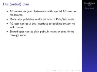 The (initial) plan

AccessGrid and
stu?
Steve Smith

AG rooms are just chat-rooms with special AG user as
moderator.
Moderator publishes multicast info in Pub/Sub node.
AG user can be a bot, interface to booking system to
lock rooms.
Shared-apps can publish pubsub nodes or send forms
through room.

 