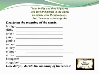 `Twas brillig, and the slithy toves
                 Did gyre and gimble in the wabe:
                  All mimsy were the borogoves,
                   And the mome raths outgrabe.
Decide on the meaning of the words.
brillig -_______________________________
slithy - _______________________________
toves - _______________________________
gyre - _______________________________
gimble -_______________________________
wabe - _______________________________
mimsy -_______________________________
mome -          _______________________________
raths - _______________________________
borogoves - ___________________________
outgrabe - ____________________________
How did you decide the meaning of the words?
 