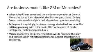Are business models like GM or Mercedes?
• When Alfred Sloan conceived the modern corporation at General
Motors he based it on hierarchical military organizations. Orders
flowed downwards and your rank determined your responsibility.
• Perhaps not surprisingly, business strategy started to look more like
military planning, with thick books filled with reams of market
intelligence, tactics and procedures.
• Middle management’s primary function was to “execute the plan”
and compensation reflected performance against predetermined
objectives.
 