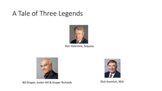 A Tale of Three Legends
Don Valentine, Sequoia
Bill Draper, Sutter Hill & Draper Richards Dick Kramlich, NEA
 