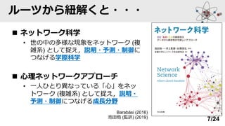 ルーツから紐解くと・・・
◼ ネットワーク科学
• 世の中の多様な現象をネットワーク (複
雑系) として捉え，説明・予測・制御に
つなげる学際科学
◼ 心理ネットワークアプローチ
• 一人ひとり異なっている「心」をネッ
トワーク (複雑系) として捉え，説明・
予測・制御につなげる成長分野
Barabási (2016)
池田他 (監訳) (2019)
7/24
 