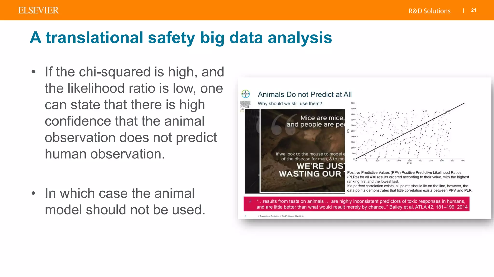 | 21
• If the chi-squared is high, and
the likelihood ratio is low, one
can state that there is high
confidence that the animal
observation does not predict
human observation.
• In which case the animal
model should not be used.
A translational safety big data analysis
 