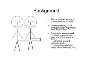 Background
• Anthropometry measure of
growth predictor of health
• Growth plasticity – ‘The
thrifty phenotype hypothesis’
(Hales & Barker, 2001)
• Overweight & obesity• Overweight & obesity
- taller for age children
(Baker et al., 2007; Buchan et al.,
2007).
- advanced sexual &
skeletal maturity
- shorter legs relative to
height (Pliakas & McCarthy, 2010).
 