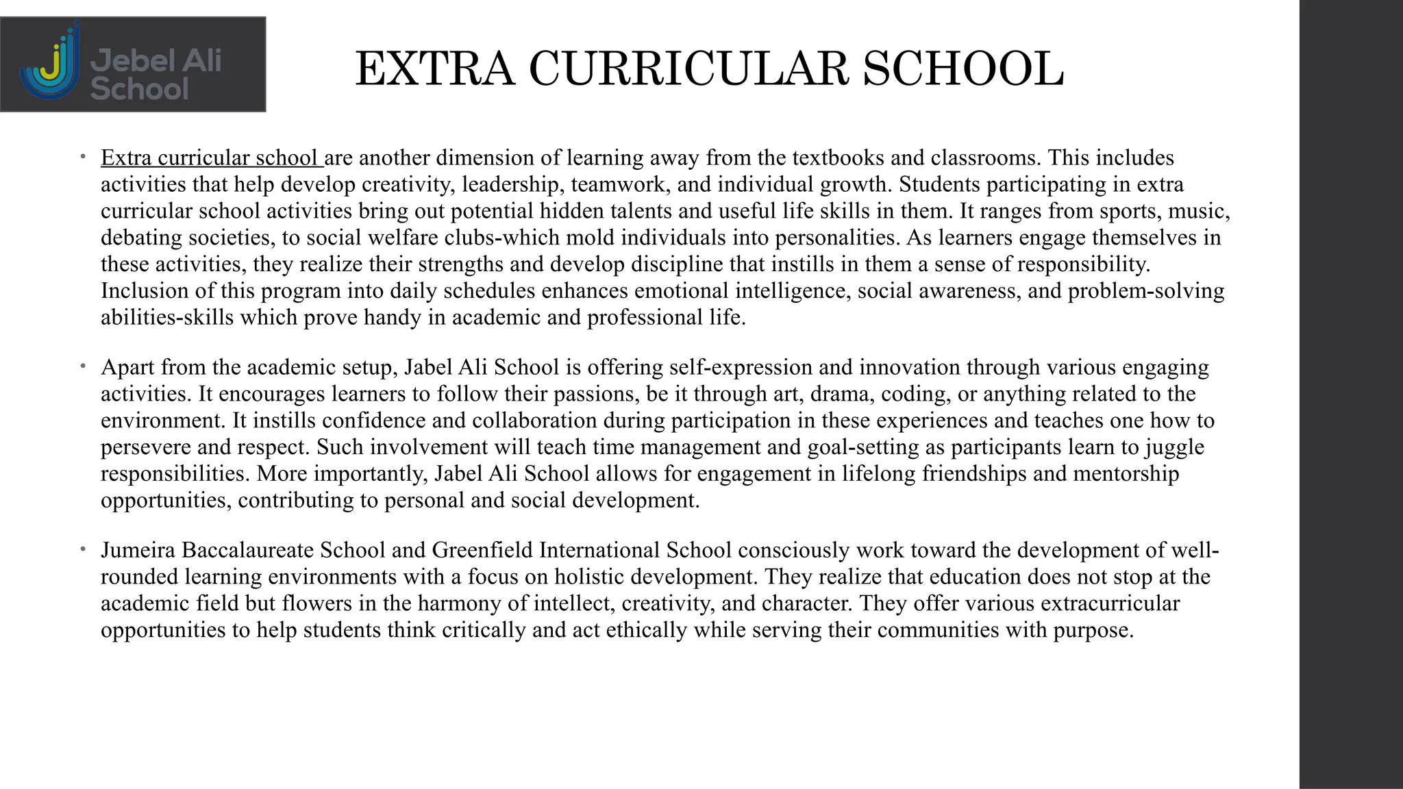 extra curricular school | jebel ali school | PPTX