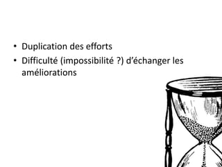 • Duplication des efforts
• Difficulté (impossibilité ?) d’échanger les
améliorations
 