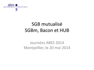 SGB mutualisé
SGBm, Bacon et HUB
Journées ABES 2014
Montpellier, le 20 mai 2014
 
