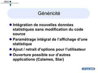 27 mai 2009
Généricité
 Intégration de nouvelles données
statistiques sans modification du code
source
 Paramétrage intégral de l’affichage d’une
statistique
 Ajout / retrait d’options pour l’utilisateur
 Ouverture possible sur d’autres
applications (Calames, Star)
 