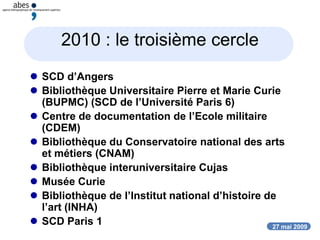27 mai 2009
2010 : le troisième cercle
 SCD d’Angers
 Bibliothèque Universitaire Pierre et Marie Curie
(BUPMC) (SCD de l’Université Paris 6)
 Centre de documentation de l’Ecole militaire
(CDEM)
 Bibliothèque du Conservatoire national des arts
et métiers (CNAM)
 Bibliothèque interuniversitaire Cujas
 Musée Curie
 Bibliothèque de l’Institut national d’histoire de
l’art (INHA)
 SCD Paris 1
 