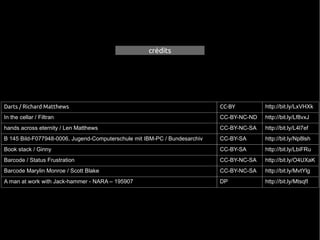 crédits




Darts / Richard Matthews                                                   CC-BY         http://bit.ly/LxVHXk
In the cellar / Filtran                                                    CC-BY-NC-ND   http://bit.ly/Lf8vxJ
hands across eternity / Len Matthews                                       CC-BY-NC-SA   http://bit.ly/L4l7ef
B 145 Bild-F077948-0006, Jugend-Computerschule mit IBM-PC / Bundesarchiv   CC-BY-SA      http://bit.ly/Np8lsh
Book stack / Ginny                                                         CC-BY-SA      http://bit.ly/LbiFRu
Barcode / Status Frustration                                               CC-BY-NC-SA   http://bit.ly/O4UXaK
Barcode Marylin Monroe / Scott Blake                                       CC-BY-NC-SA   http://bit.ly/MvtYlg
A man at work with Jack-hammer - NARA – 195907                             DP            http://bit.ly/MtsqfI
 