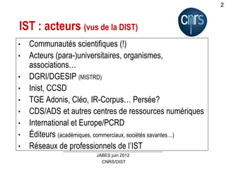 CNRS/DIST
JABES juin 2012
2
IST : acteurs (vus de la DIST)
• Communautés scientifiques (!)
• Acteurs (para-)universitaires, organismes,
associations…
• DGRI/DGESIP (MISTRD)
• Inist, CCSD
• TGE Adonis, Cléo, IR-Corpus… Persée?
• CDS/ADS et autres centres de ressources numériques
• International et Europe/PCRD
• Éditeurs (académiques, commerciaux, sociétés savantes…)
• Réseaux de professionnels de l’IST
 