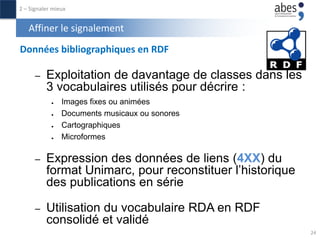 Affiner le signalement
Données bibliographiques en RDF
– Exploitation de davantage de classes dans les
3 vocabulaires util...