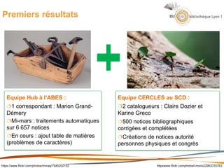 Premiers résultats
https://www.flickr.com/photos/mmaq/7945202152 httpswww.flickr.comphotosf-morio22963316763
Equipe CERCLES au SCD :
2 catalogueurs : Claire Dozier et
Karine Greco
500 notices bibliographiques
corrigées et complétées
Créations de notices autorité
personnes physiques et congrès
Equipe Hub à l’ABES :
1 correspondant : Marion Grand-
Démery
Mi-mars : traitements automatiques
sur 6 657 notices
En cours : ajout table de matières
(problèmes de caractères)
 