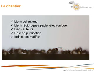 Le chantier
https://www.flickr.com/photos/sukiweb/8621633811/
 Liens collections
 Liens réciproques papier-électronique
 Liens auteurs
 Date de publication
 Indexation matière
 