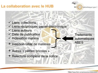 La collaboration avec le HUB
https://www.flickr.com/photos/ensh/5084228263/
 Liens collections
 Liens réciproques papier-électronique
 Liens auteurs
 Date de publication
 Indexation matière
+ Insertion table de matières
Traitements
automatiques
ABES
+ Autres « petites bricoles »
+ Relecture complète de la notice
 