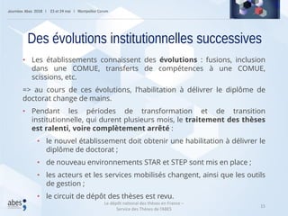 15
• Les établissements connaissent des évolutions : fusions, inclusion
dans une COMUE, transferts de compétences à une COMUE,
scissions, etc.
=> au cours de ces évolutions, l’habilitation à délivrer le diplôme de
doctorat change de mains.
• Pendant les périodes de transformation et de transition
institutionnelle, qui durent plusieurs mois, le traitement des thèses
est ralenti, voire complètement arrêté :
• le nouvel établissement doit obtenir une habilitation à délivrer le
diplôme de doctorat ;
• de nouveau environnements STAR et STEP sont mis en place ;
• les acteurs et les services mobilisés changent, ainsi que les outils
de gestion ;
• le circuit de dépôt des thèses est revu.
Des évolutions institutionnelles successives
Le dépôt national des thèses en France –
Service des Thèses de l’ABES
 