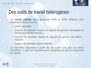 17
• Les outils utilisés pour alimenter STAR et STEP diffèrent d’un
établissement à un autre :
• saisie manuelle ;
• imports de données depuis un logiciel de gestion développé en
interne par l’établissement ;
• imports de données depuis le logiciel de gestion de l’AMUE :
Apogée ;
• imports de données depuis l’ADUM…
• Les données importées à partir de ces outils sont plus ou moins
complètes => plus les données sont complètes et plus le traitement
est rapide.
Des outils de travail hétérogènes
Le dépôt national des thèses en France –
Service des Thèses de l’ABES
 