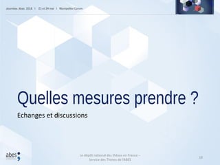 Quelles mesures prendre ?
Echanges et discussions
19
Le dépôt national des thèses en France –
Service des Thèses de l’ABES
 