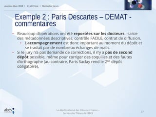 27
• Beaucoup d’opérations ont été reportées sur les docteurs : saisie
des métadonnées descriptives, contrôle FACILE, contrat de diffusion.
• L’accompagnement est donc important au moment du dépôt et
se traduit par de nombreux échanges de mails.
• Si le jury n’a pas demandé de corrections, il n’y a pas de second
dépôt possible, même pour corriger des coquilles et des fautes
d’orthographe (au contraire, Paris Saclay rend le 2nd dépôt
obligatoire).
Exemple 2 : Paris Descartes – DEMAT -
commentaires
Le dépôt national des thèses en France –
Service des Thèses de l’ABES
 