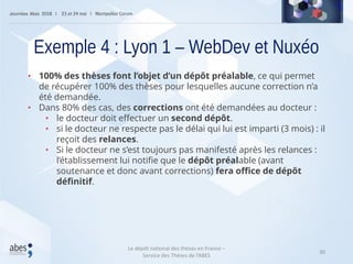 30
• 100% des thèses font l’objet d’un dépôt préalable, ce qui permet
de récupérer 100% des thèses pour lesquelles aucune correction n’a
été demandée.
• Dans 80% des cas, des corrections ont été demandées au docteur :
• le docteur doit effectuer un second dépôt.
• si le docteur ne respecte pas le délai qui lui est imparti (3 mois) : il
reçoit des relances.
• Si le docteur ne s’est toujours pas manifesté après les relances :
l’établissement lui notifie que le dépôt préalable (avant
soutenance et donc avant corrections) fera office de dépôt
définitif.
Exemple 4 : Lyon 1 – WebDev et Nuxéo
Le dépôt national des thèses en France –
Service des Thèses de l’ABES
 