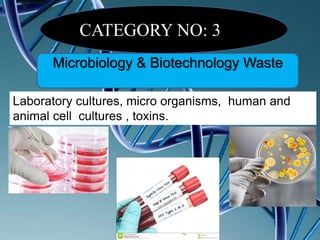 CATEGORY NO: 3
Microbiology & Biotechnology Waste
Laboratory cultures, micro organisms, human and
animal cell cultures , toxins.
 