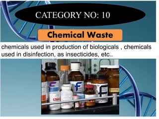 CATEGORY NO: 10
Chemical Waste
chemicals used in production of biologicals , chemicals
used in disinfection, as insecticides, etc..
 