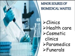 MINOR SOURES OF
BIOMEDICAL WASTES
Clinics
Health care
Cosmetic
clinics
Paramedics
Funerals
 