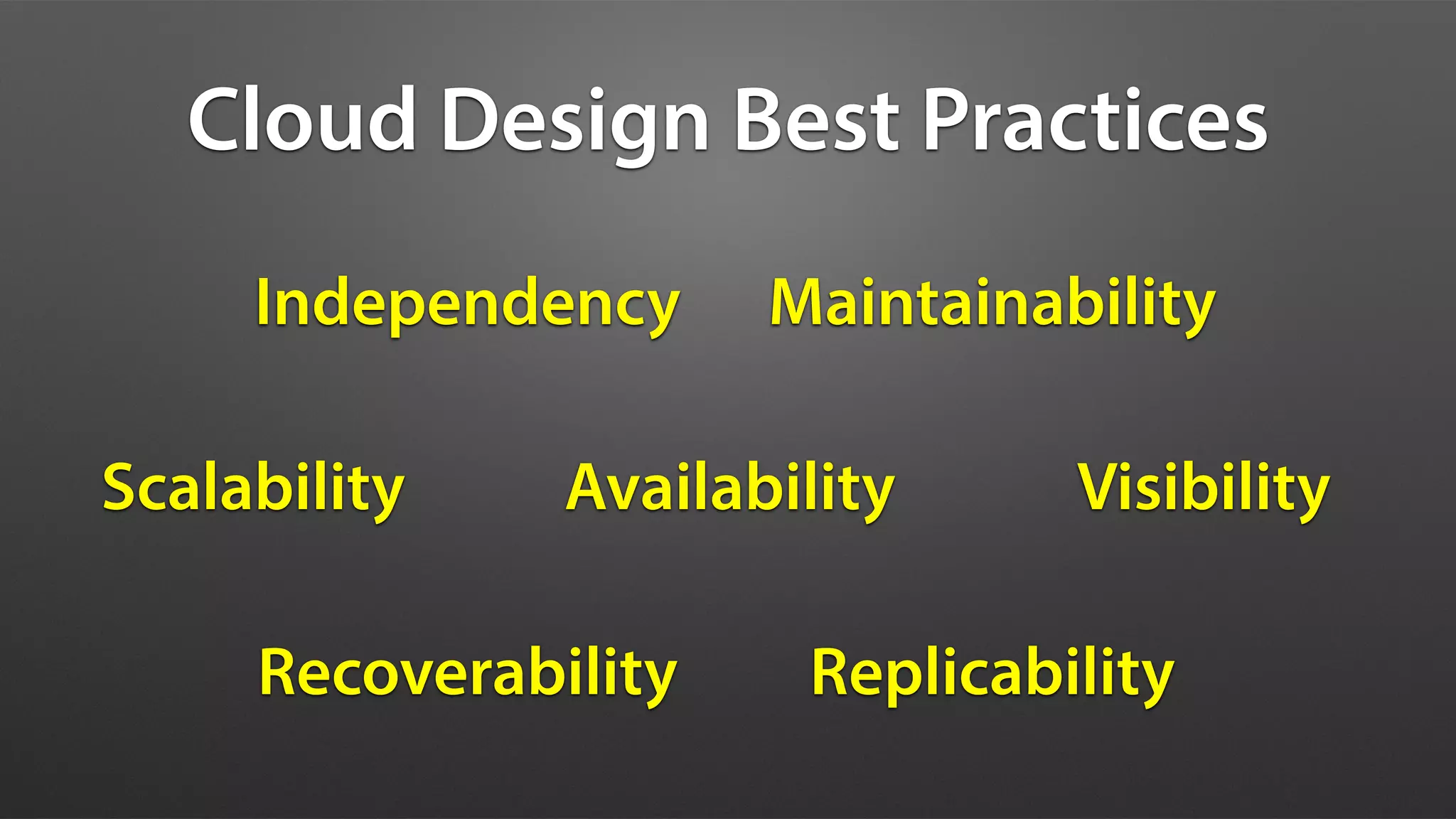 Independency Maintainability
Availability
Recoverability Replicability
Scalability Visibility
Cloud Design Best Practices
 