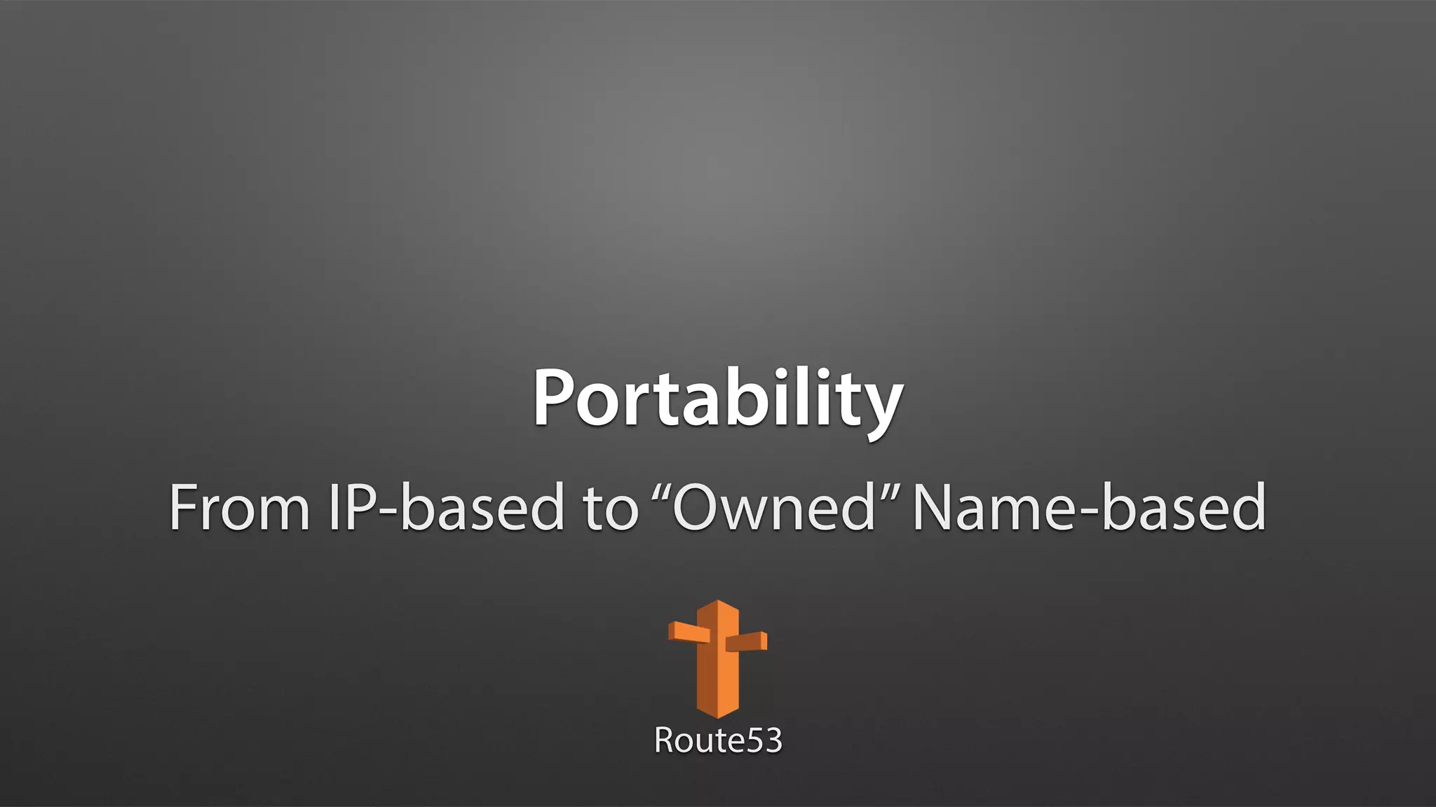 Portability
From IP-based to“Owned”Name-based
Route53
 