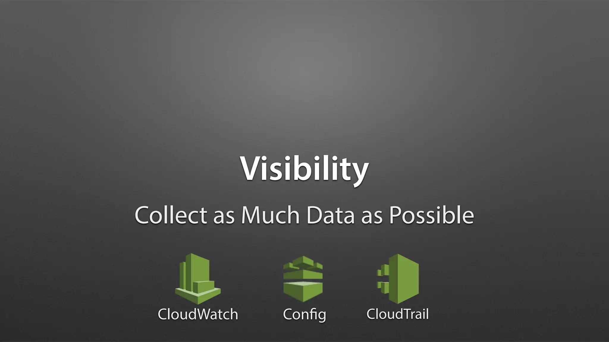 Visibility
Collect as Much Data as Possible
ConfigCloudWatch CloudTrail
 